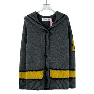 Christian Dior Dark Grey Wool & Cashmere Knitted Cardigan With Yellow Stripes &